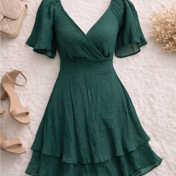 Emerald Green Chiffon Mini Dress Romantic Feminine Dress • Size Small - Picture 6 of 7